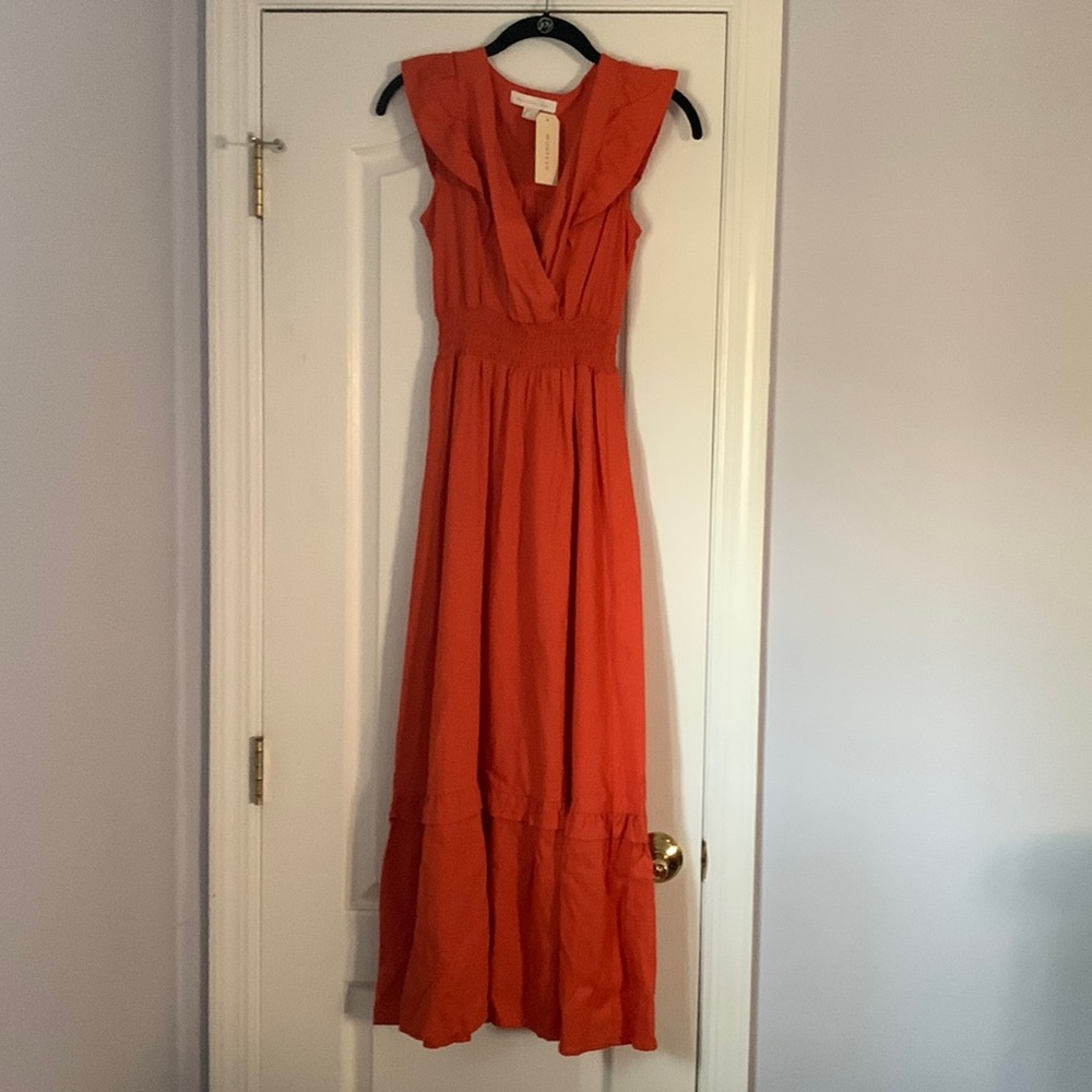 NWT! Monteau Los Angeles vneck maxi orange linen blend dress